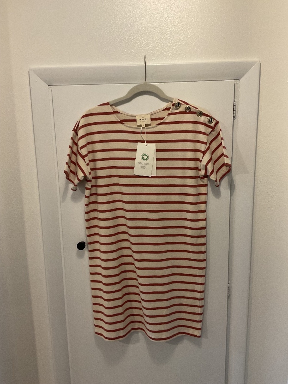 Sezane Delphie Dress, Ecru/Rosewood, Size Small